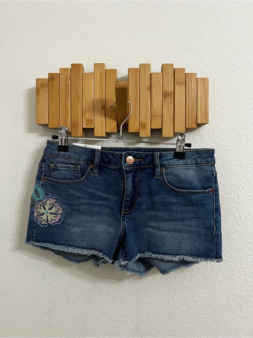 Chip & Pepper Dark Blue Denim Cutoff Shorts with Embroidered Floral Patch